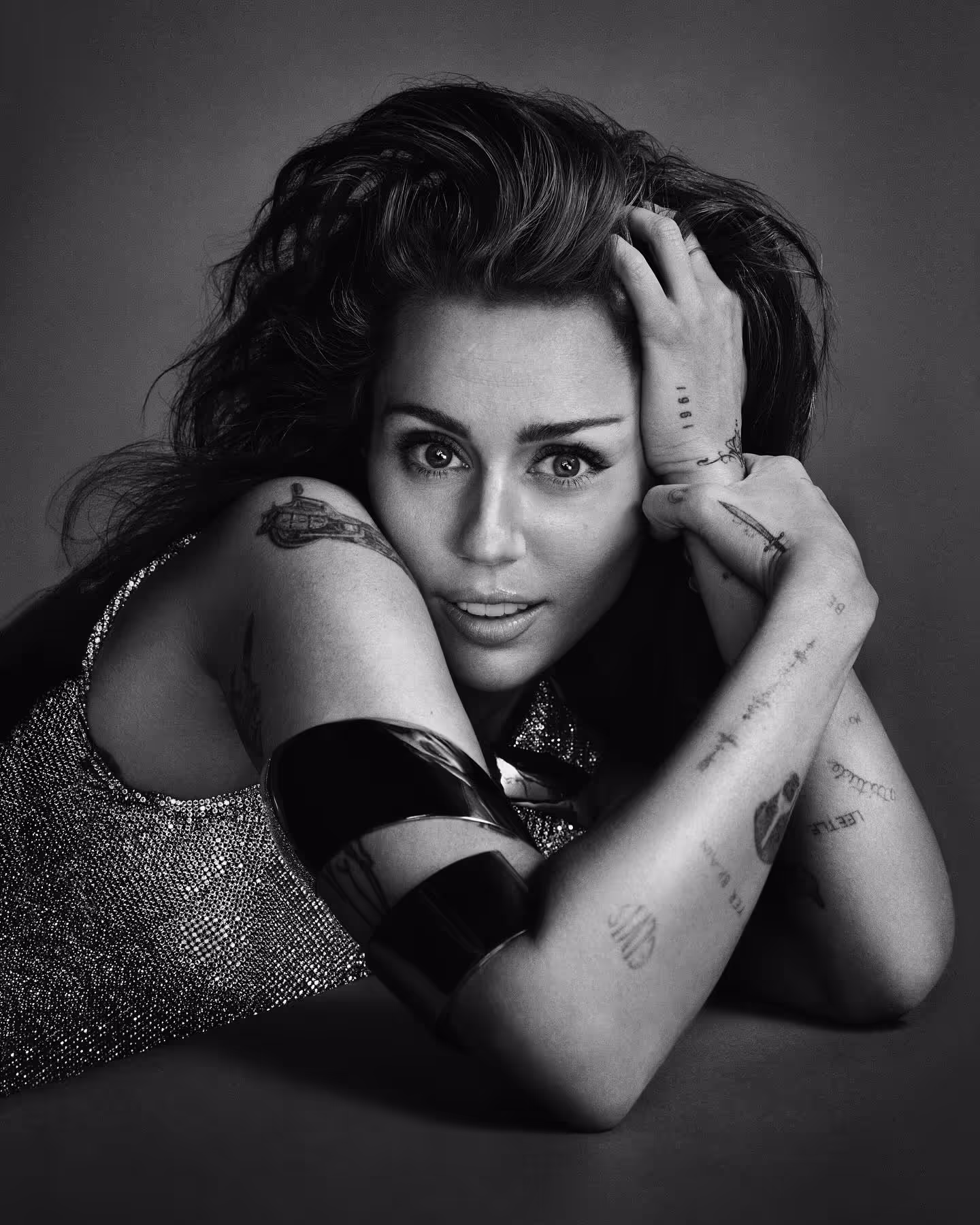 Miley Cyrus black an white portrait 2024