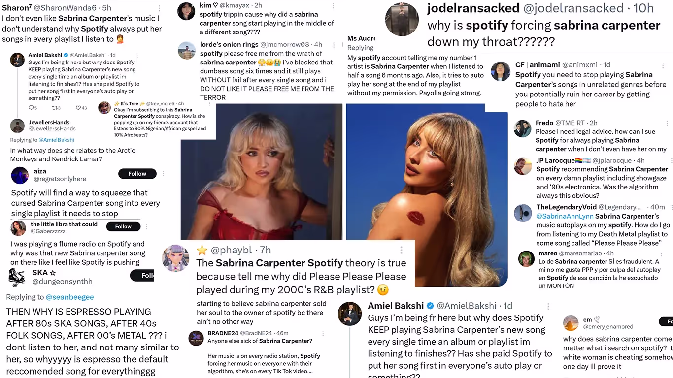 Spotify includes Sabrina Carpenter's 'Please Please Please' on unrelated playlists, users frustrated, accuse Spotify of payola