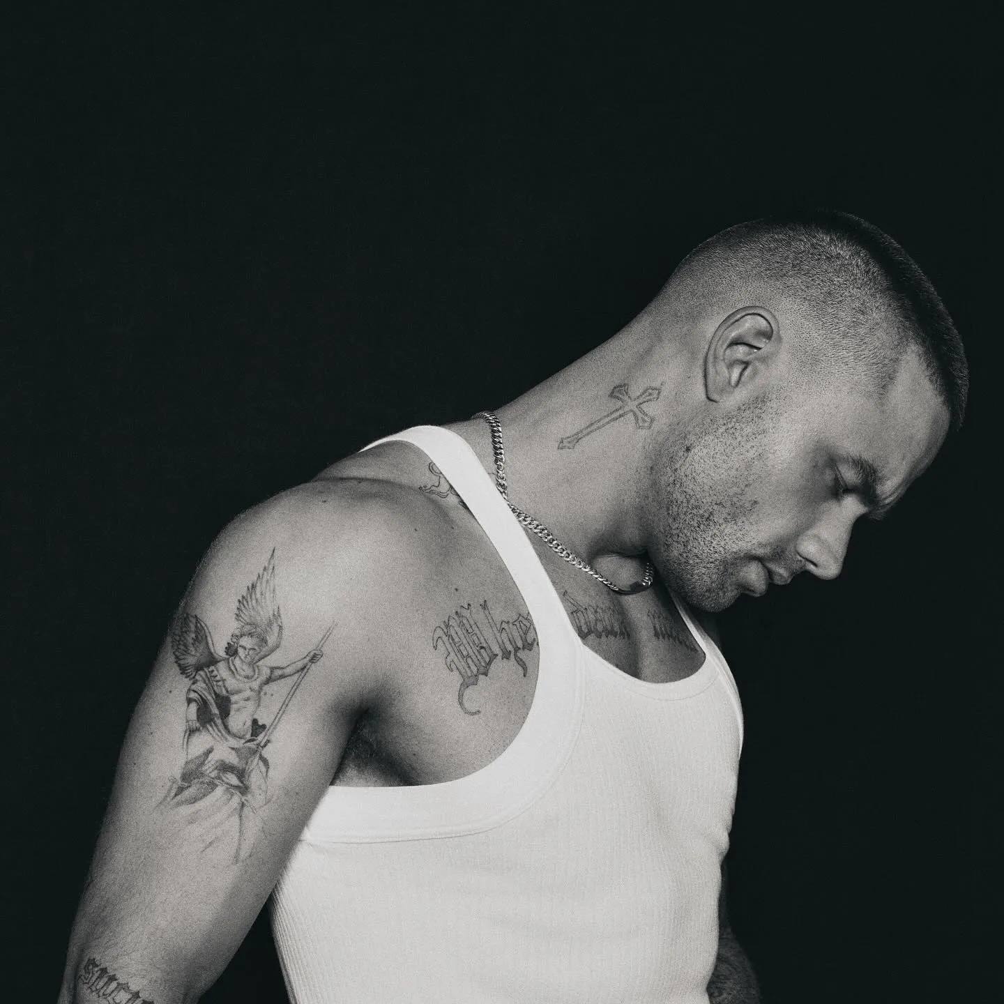 Liam Payne in a white tank top on a dark background for the 'Teardrop' press kit, passed away at 31.