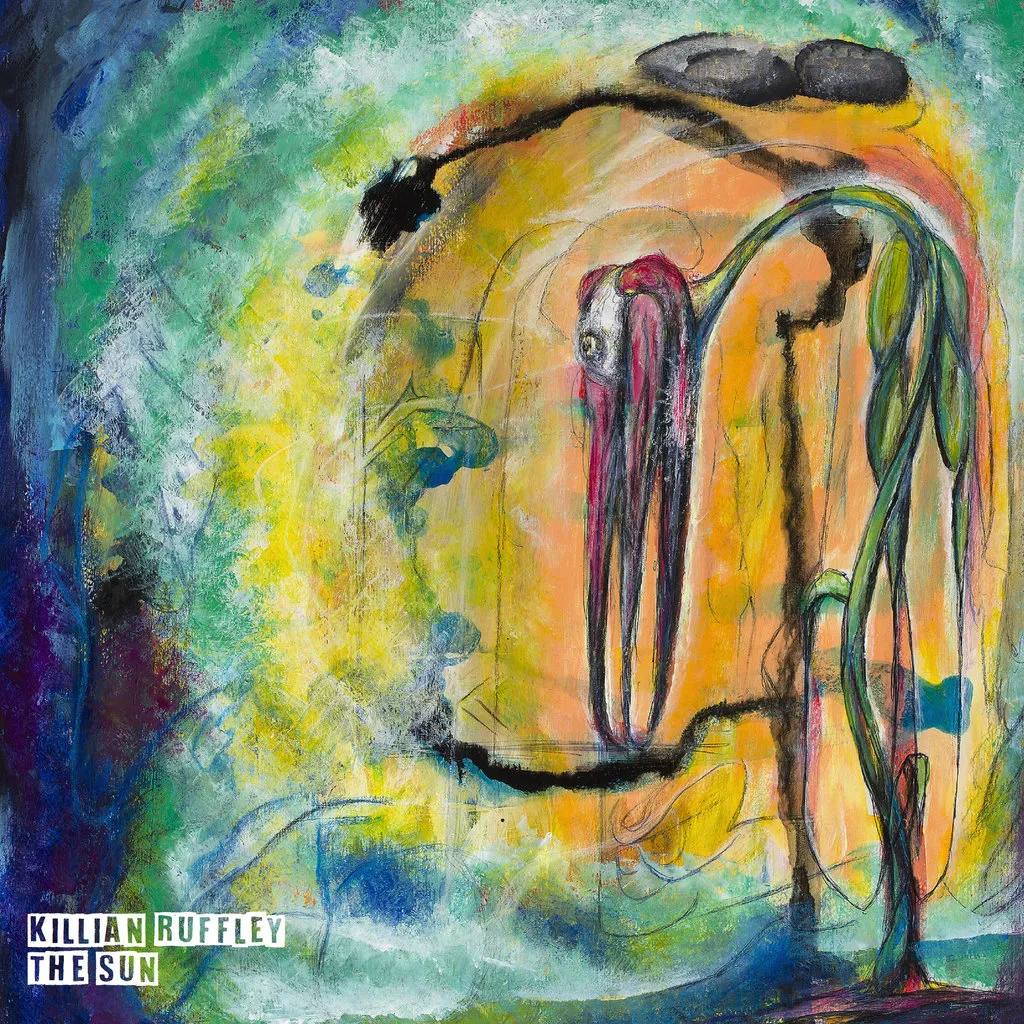 Killian Ruffley, "The Sun" cover art: A colorful surrealistic art of a bird, plant and the sun, crayon techniques.