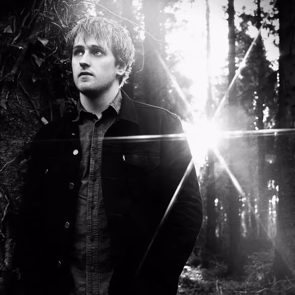 Killian Ruffley, black and white photo in the forest.