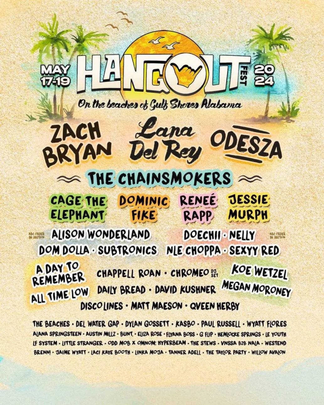 Hangout Fest 2024 Poster, announcing headliners: Zach Bryan, Lana Del Rey and ODESZA