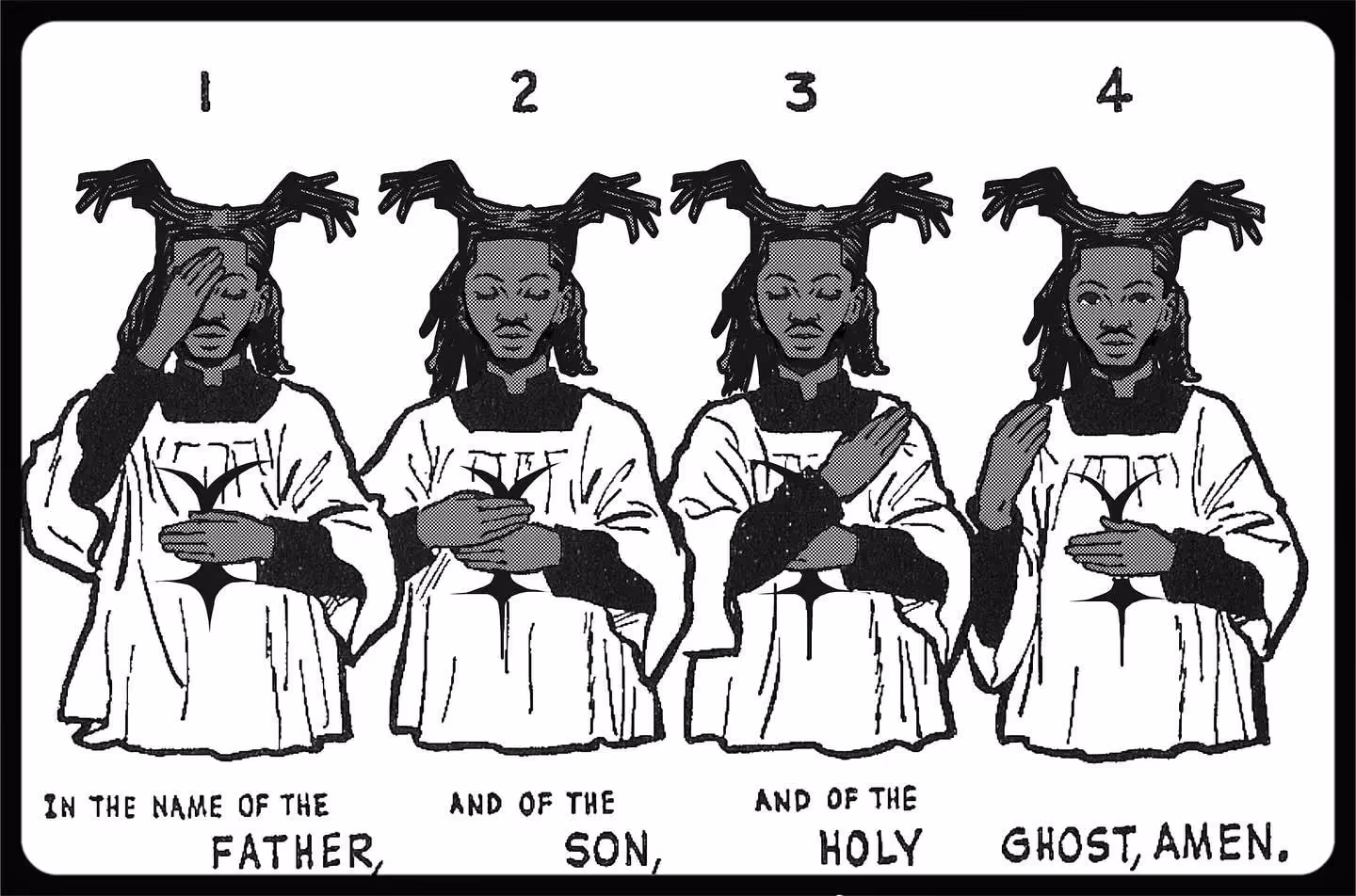 Lil Nas X's new song announcement depicting cartoonish version of self in a prayer, signed with: in the name of the FATHER, and of the SON, and the HOLY GHOST, AMEN.