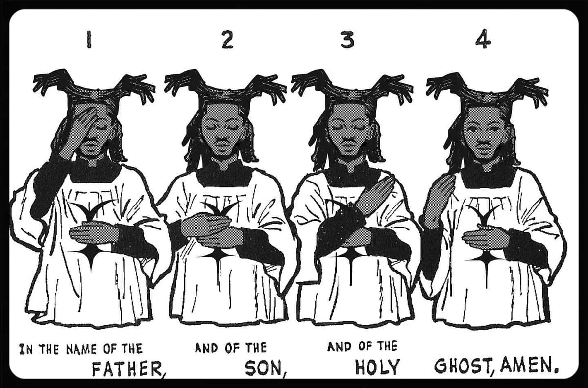 Lil Nas X's new song announcement depicting cartoonish version of self in a prayer, signed with: in the name of the FATHER, and of the SON, and the HOLY GHOST, AMEN.