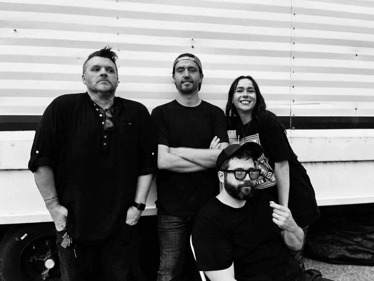 Circle the Cityy: Ren O’Hora, Kevin Toms, Nathan Yeadon, Harold Collins, black and white photo