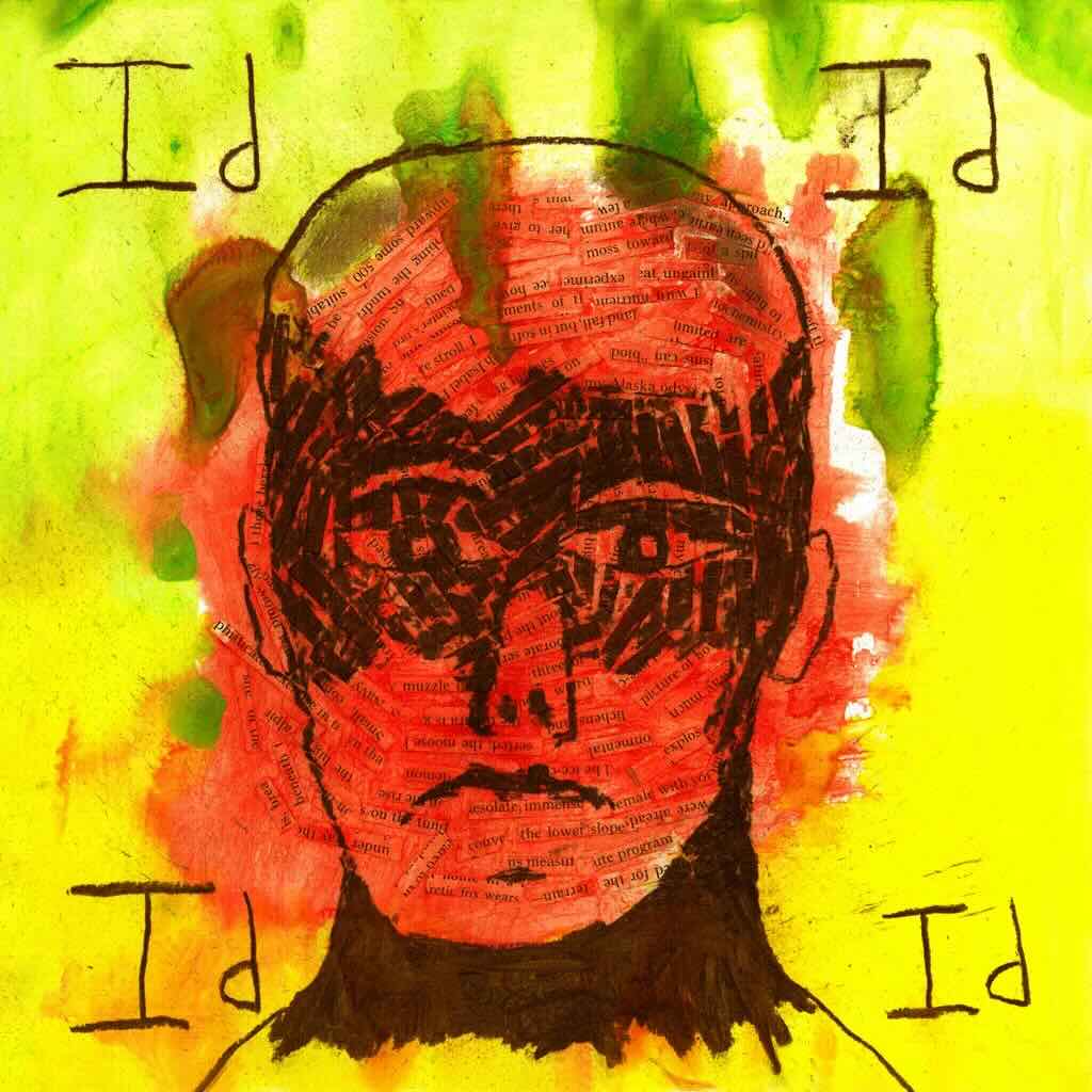 Rat Silo, 'id' single cover art: abstract portrait in orange on bright yellow background
