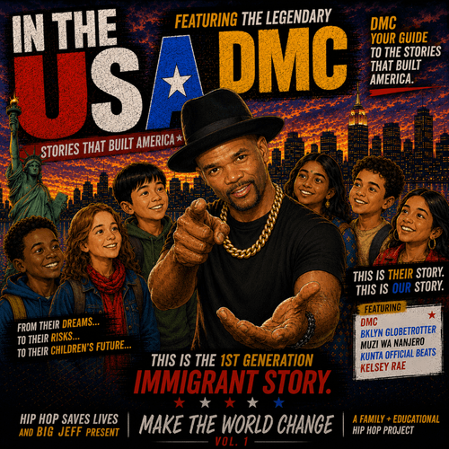 Illustration of DMC with children against the New York City skyline.